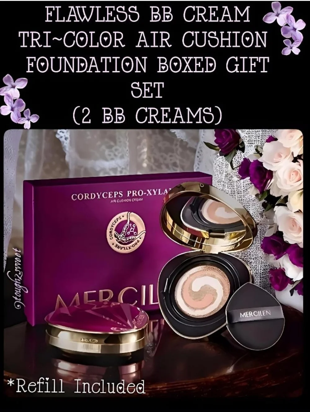 🆕FLAWLESS BB CREAM TRI~COLOR AIR CUSHION FOUNDATION BOXED GIFT SET(2 BB CREAMS)
